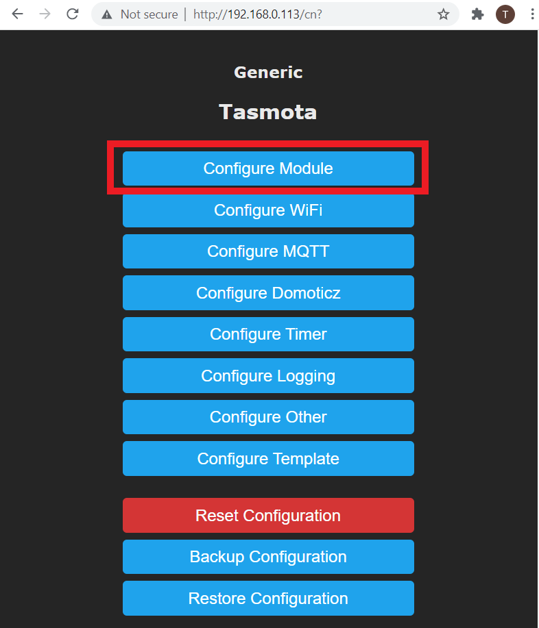 select configure module tasmota